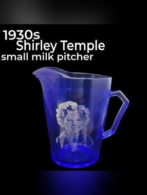 Vintage 1930s Hazel Atlas Shirley Temple Cobalt Blue Etched Glass Milk Pitcher